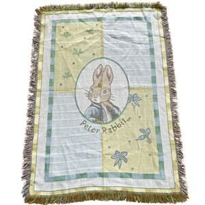 Vintage Peter Rabbit Yellow & Blue Fringe Children's Baby Blanket 32.5x46